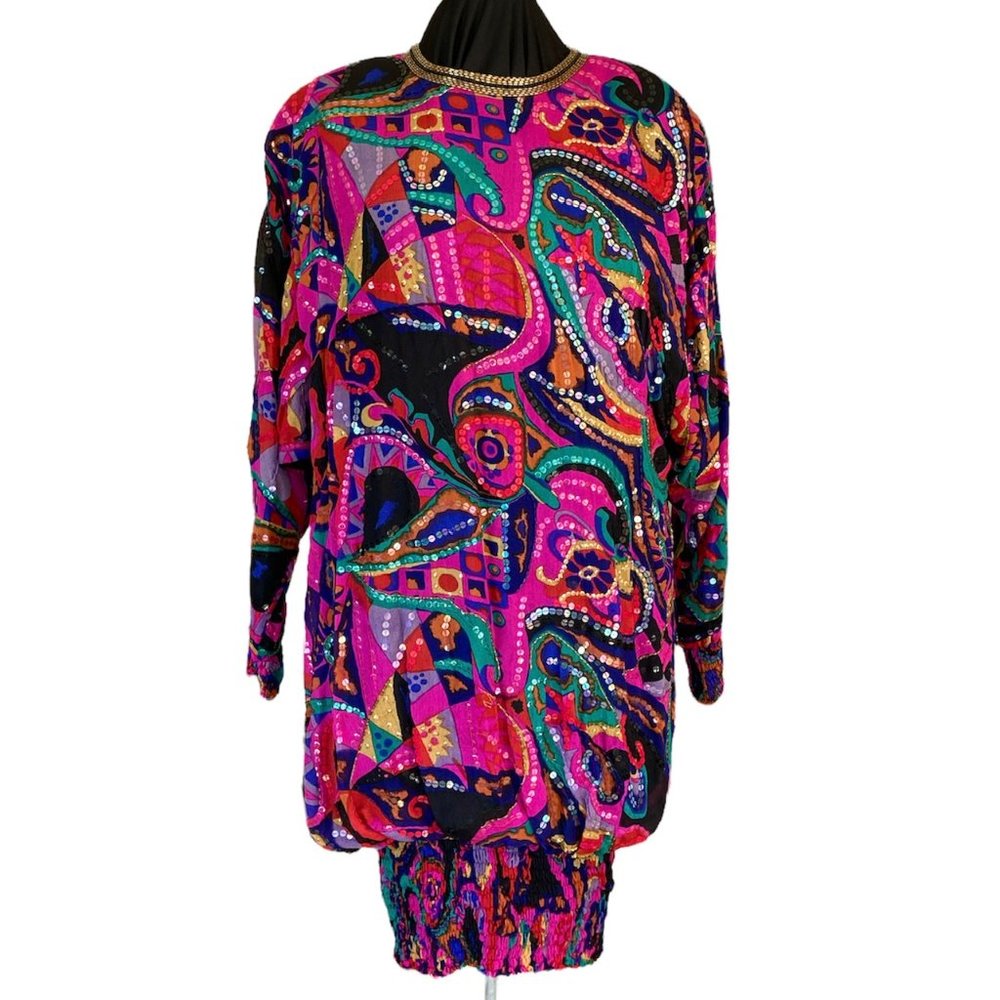 Judith Ann Creations SILK Jewel Colored Mod Print Bead Sequin 80's Blouson Dress